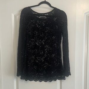 Black Lace Long-Sleeve Top with Scalloped Hem